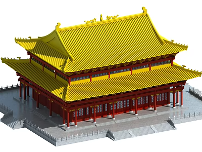 Multi Tiered Traditional Chinese Ancient Architecture With Yellow Tiled Roof Red Pillars And Ornate Eaves 3d model