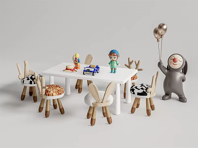 White Kids Table With Animal Shaped Chairs And Playful Toys For Children 3d model