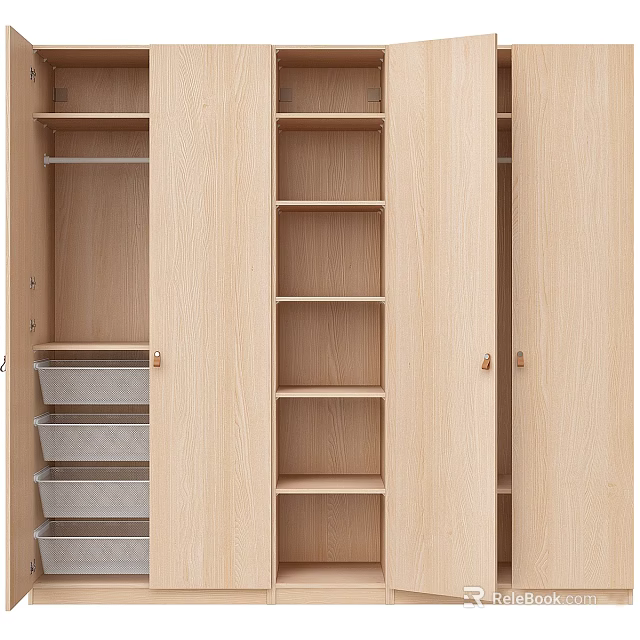 Modern Wooden Wardrobe Interior With Open Shelves Multiple Compartments Hanging Rods And Drawer Storage 3d model 