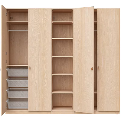 Modern Wooden Wardrobe Interior With Open Shelves Multiple Compartments Hanging Rods And Drawer Storage 3d model
