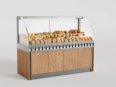 Bakery Display Case With Glass Cover Wooden Cabinet Showcasing Fresh Breads And Rolls 3d model