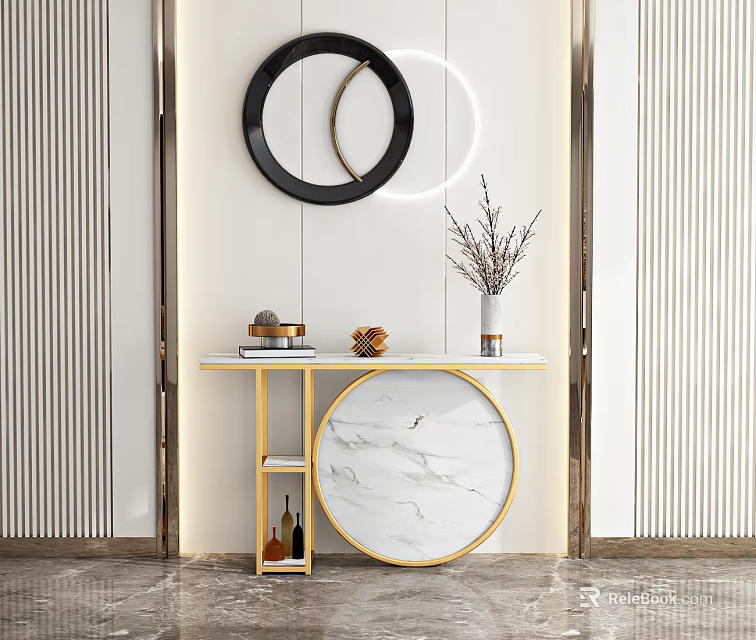 Modern Console Table With Marble Top Gold Frame And Circular Wall Decor 3d model