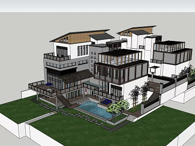 Modern Multi Level Detached Villa With Swimming Pool Lawn And Large Windows 3d model