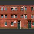 Urban Multi Story Building Model With Red Exterior White Framed Windows And Green Doors