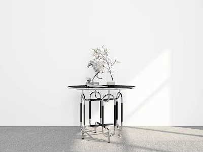 Round Black Dining Table with Metal Frame and Vase in White Wall Gray Carpet 3d model