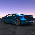 Blue Lamborghini Sports Car Parked On Open Ground Against Sunset Sky With Purple Pink Gradient