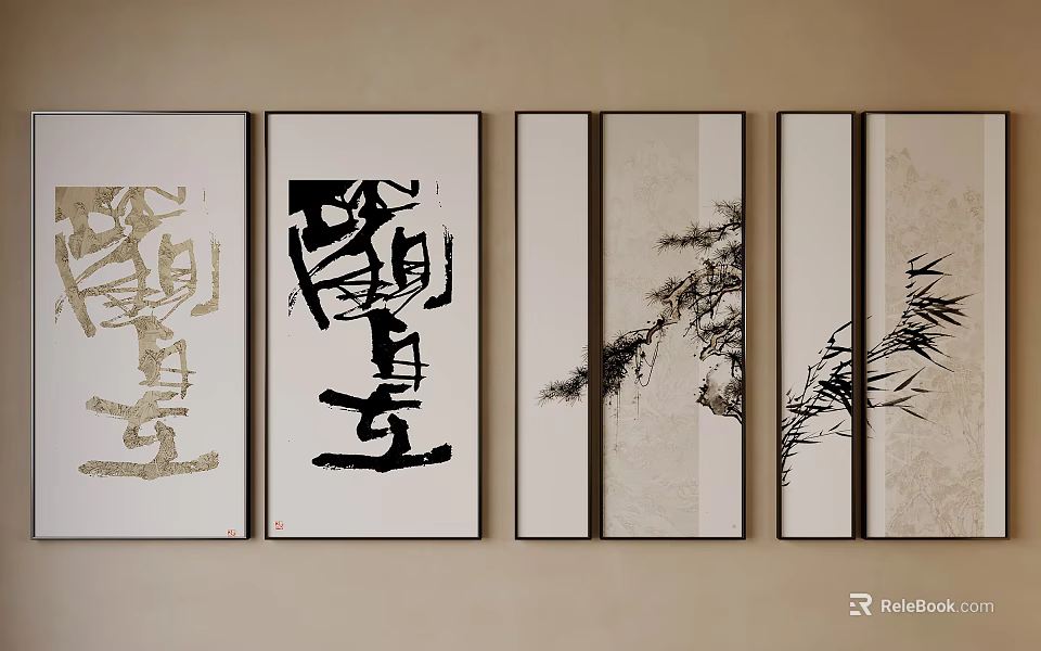 Traditional Chinese Calligraphy and Ink Paintings Wall Art with Bamboo and Pine Designs 3d model 