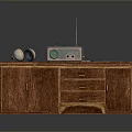 Classic Wooden Desk With Vintage Radio Headphones Notebook Pen And Storage Drawers