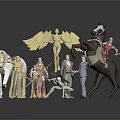 Fantasy Character Figurines Set Featuring Golden Winged Figure Horses Rider And Dog