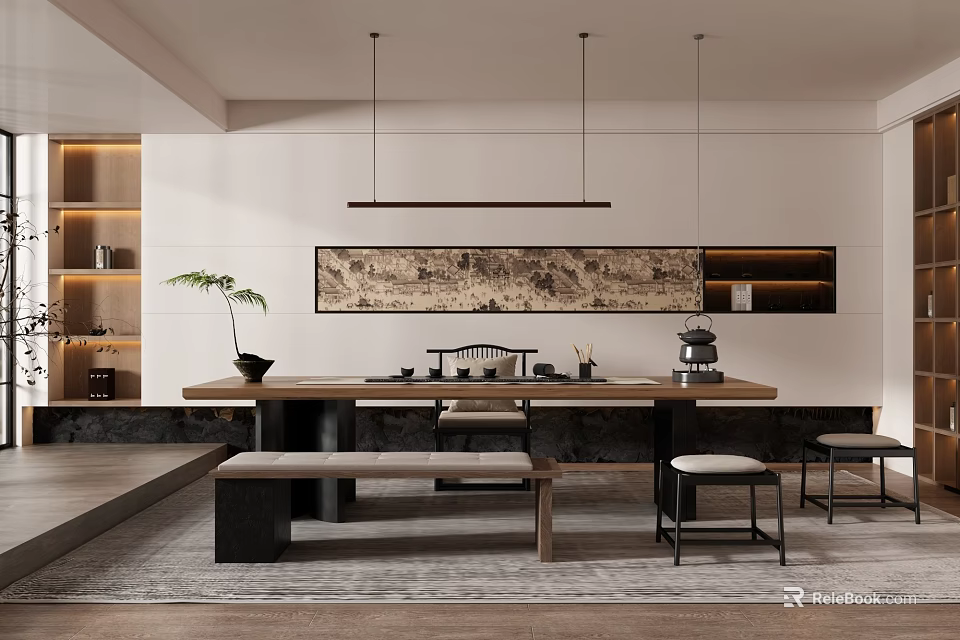 Minimalist Tea Room Interior With Wooden Tea Table Tea Sets Decorative Painting And Hanging Lights 3d model 