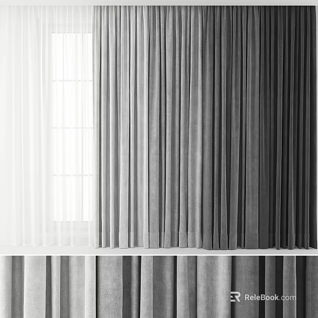 Elegant Gray White Layered Curtains For Modern Window Treatment With Velvet Fabric 3d model 