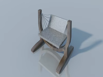 Wooden Rocking Chair With Gray Cushion And Rope Backrest Design 3d model
