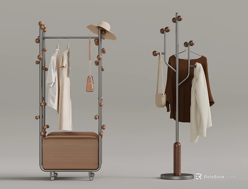Modern Clothes Racks With Hanging Clothes Hat And Leather Bags Design 3d model 
