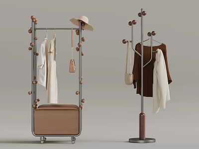 Modern Clothes Racks With Hanging Clothes Hat And Leather Bags Design 3d model