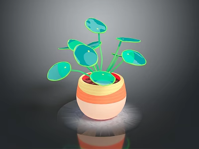 3D Rendered Green Leafy Plant With Glossy Foliage In Orange Beige Layered Pot 3d model