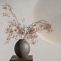 Gray Striped Vase with Slender Branches and Small Red Fruits on Wooden Base Light Wall