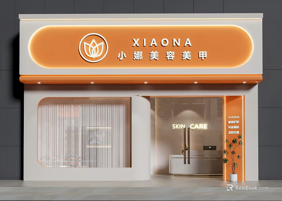 XIAONA Beauty Nail Salon Storefront With Orange Illuminated Signboard Glass Door And Skin Care 3d model 