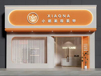 XIAONA Beauty Nail Salon Storefront With Orange Illuminated Signboard Glass Door And Skin Care 3d model