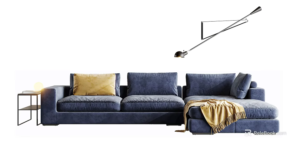 Blue Sectional Sofa With Yellow Pillows And Throw Blanket And Floor Lamp 3d model