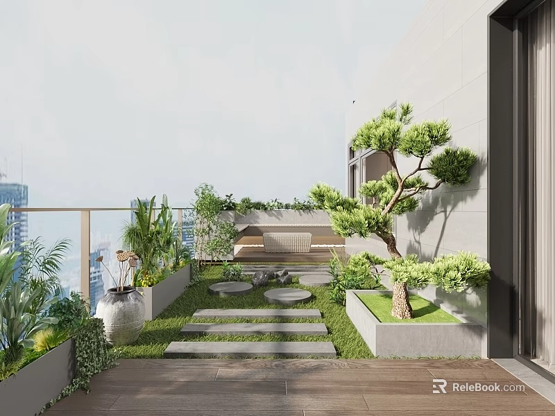 Modern Home Balcony Design With Lush Plants Small Tree Stone Path And Cozy Seating 3d model 