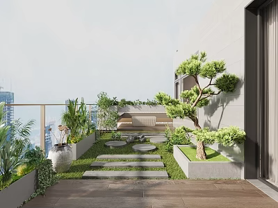 Modern Home Balcony Design With Lush Plants Small Tree Stone Path And Cozy Seating 3d model