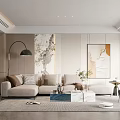 Elegant Living Room Interior With Beige Sofa Blue Armchair And Decorative Artworks