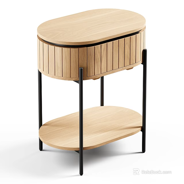 Minimalist Modern Oak Nightstand With Slatted Drawer And Black Metal Legs Lower Shelf 3d model 