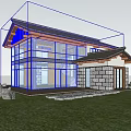 Modern Single Family House With Large Glass Windows Sloped Roof Stone Walls And Green Garden