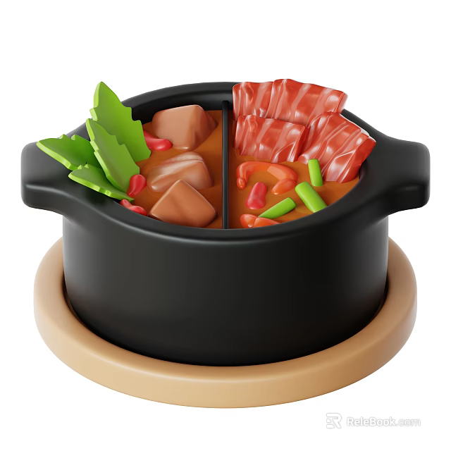 Delicious Dual Flavored Hot Pot With Sliced Meat Fresh Vegetables And Shrimp 3d model 