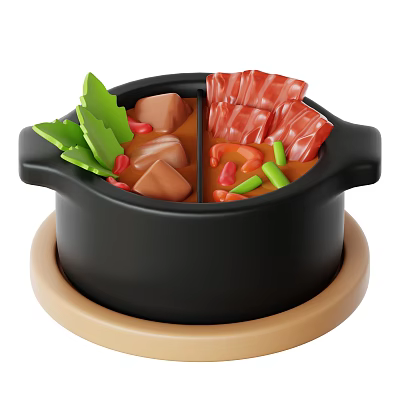 Delicious Dual Flavored Hot Pot With Sliced Meat Fresh Vegetables And Shrimp 3d model