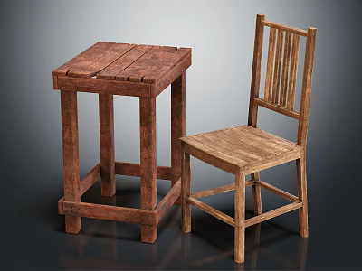 Rustic Wooden Table And Chair Set With Solid Wood Construction And Slatted Back Design 3d model