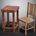 Rustic Wooden Table And Chair Set With Solid Wood Construction And Slatted Back Design 3d model