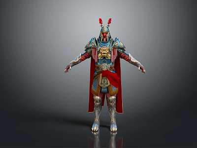 Mythical Warrior Character With Ornate Golden Blue Armor And Red Decorative Cape 3d model