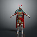 Mythical Warrior Character With Ornate Golden Blue Armor And Red Decorative Cape