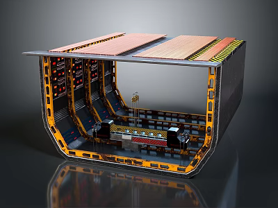 Man Operating Control Panel Inside Industrial Machine Interior With Yellow Metal Frames 3d model