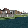 Modern Waterfront Buildings Featuring Red Brick Wooden Structures Glass Windows Green Lawn And Water Reflection