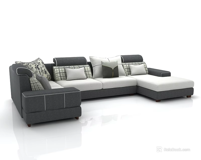 Modern L shaped Sectional Sofa in Gray and White with Multiple Patterned Pillows and Ottoman 3d model