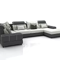 Modern L shaped Sectional Sofa in Gray and White with Multiple Patterned Pillows and Ottoman 3d model
