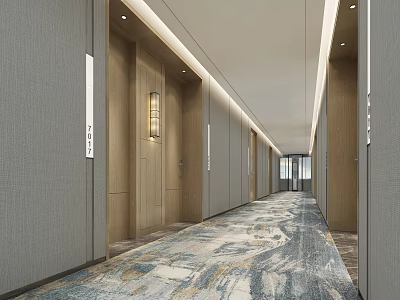 Modern Hotel Corridor With Gray Walls Wooden Doors Recessed Lighting And Patterned Carpet 3d model