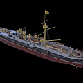 Vintage Warship Model Featuring Multiple Turrets Mast Chimney Yellow Flag Dark Hull and Deck Details