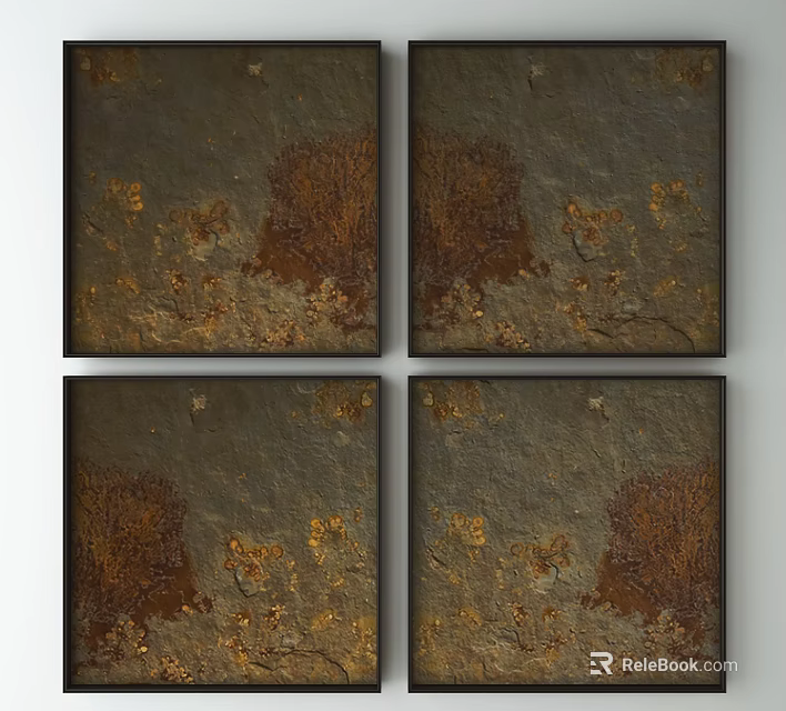 Four Panel Abstract Art With Rust Texture And Gold Accents On Dark Background 3d model
