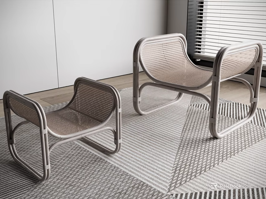 Modern Rattan Stools With Metal Frame On Geometric Rug Against White Walls And Window Blinds 3d model 