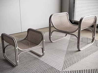 Modern Rattan Stools With Metal Frame On Geometric Rug Against White Walls And Window Blinds 3d model
