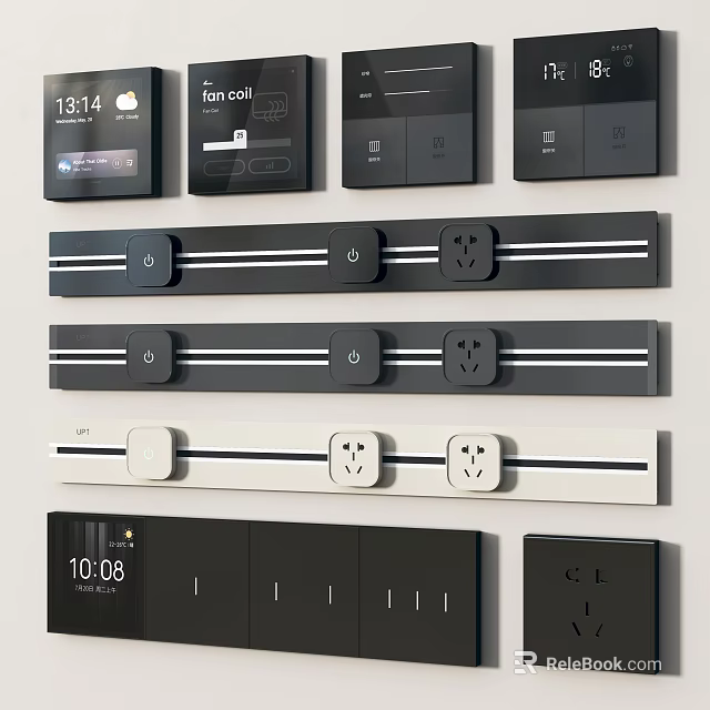 Modern Black And White Switch Panels With Smart Control Digital Time Display And Socket Outlets 3d model 