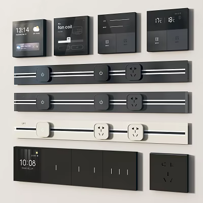 Modern Black And White Switch Panels With Smart Control Digital Time Display And Socket Outlets 3d model
