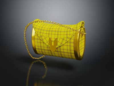 Stylish Yellow Plaid Bag With Gold Chain Strap And Golden Hardware Details 3d model