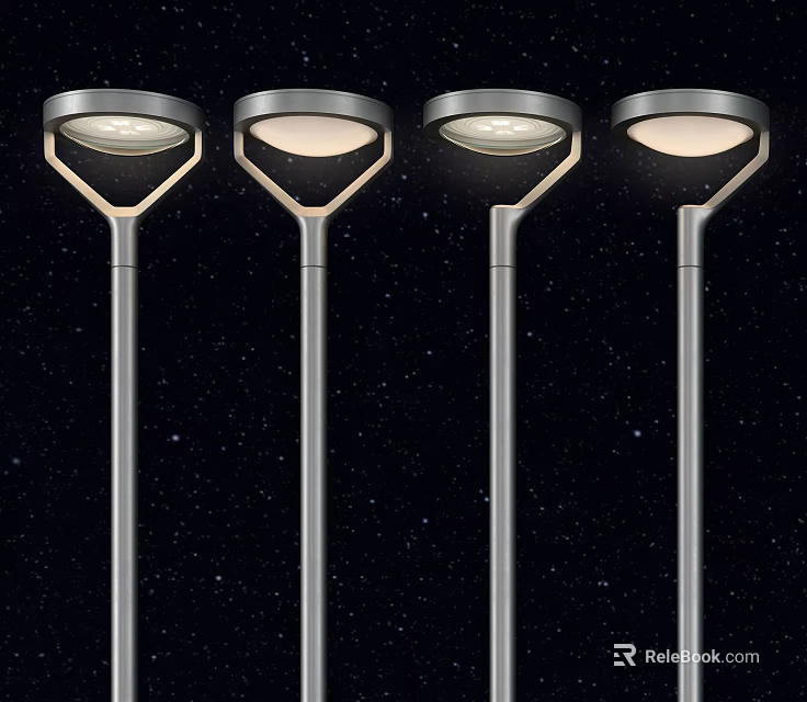 Modern Outdoor Lights With Silver Poles And Round Shades For Night Illumination 3d model 