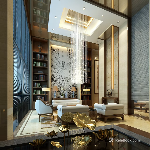 Chinese Style Hotel Public Lounge With Comfortable Sofas Bookshelves And Chandelier 3d model 