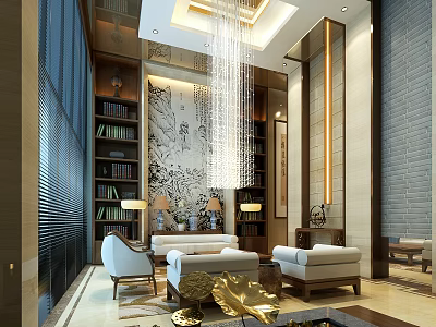 Chinese Style Hotel Public Lounge With Comfortable Sofas Bookshelves And Chandelier 3d model