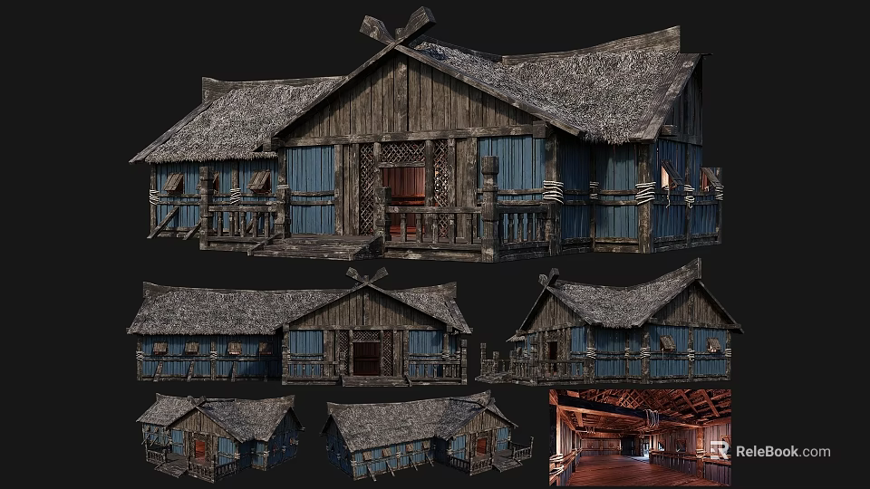 Traditional Ancient Building With Wooden Structure Thatched Roof Blue Wooden Walls And Interior Views 3d model 